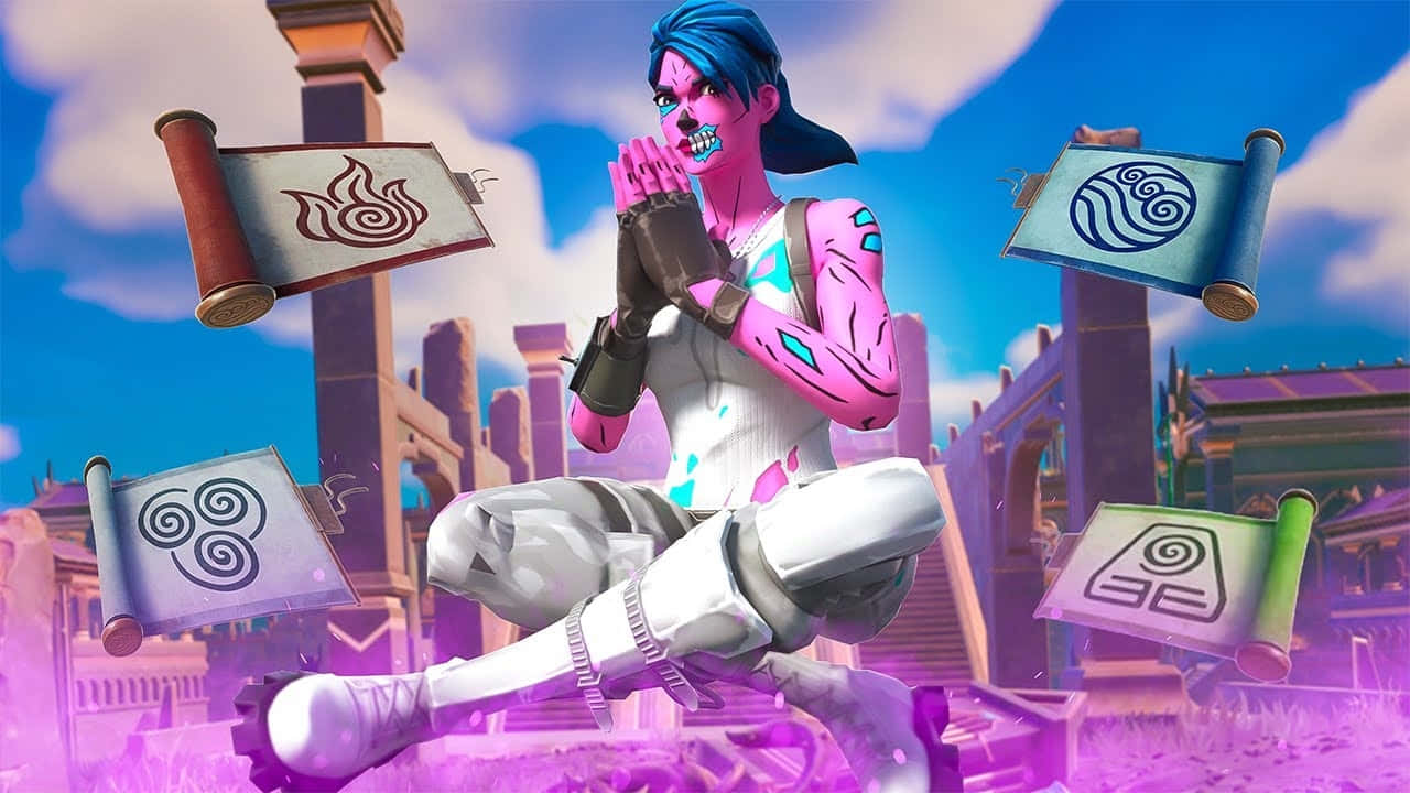  壁紙 — 一個粉紅色皮膚的Fortnite角色在浮動的卷軸中盤腿冥想，背景是充滿活力的紫色和藍色天空。