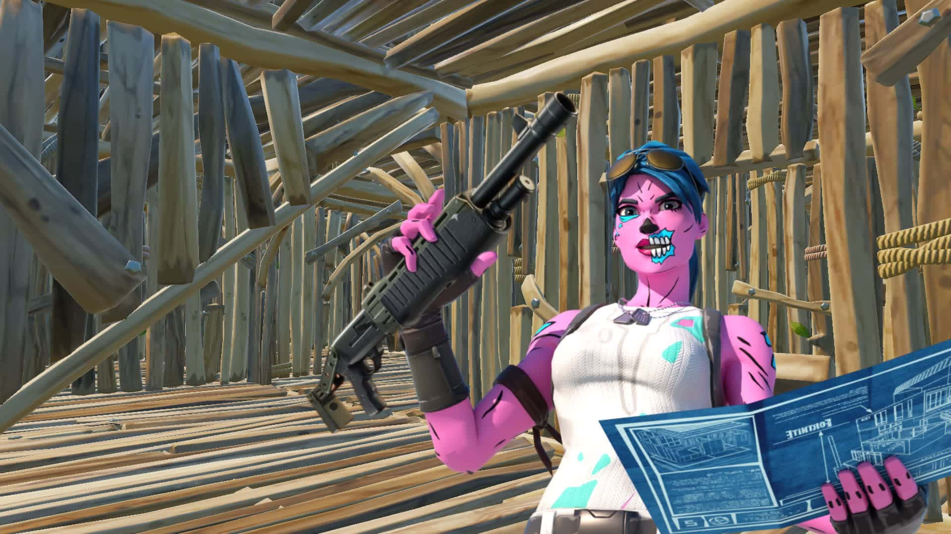  壁紙 — 一個粉紅色皮膚的Fortnite角色，藍色頭髮，在木結構內拿著一把霰彈槍和藍圖。