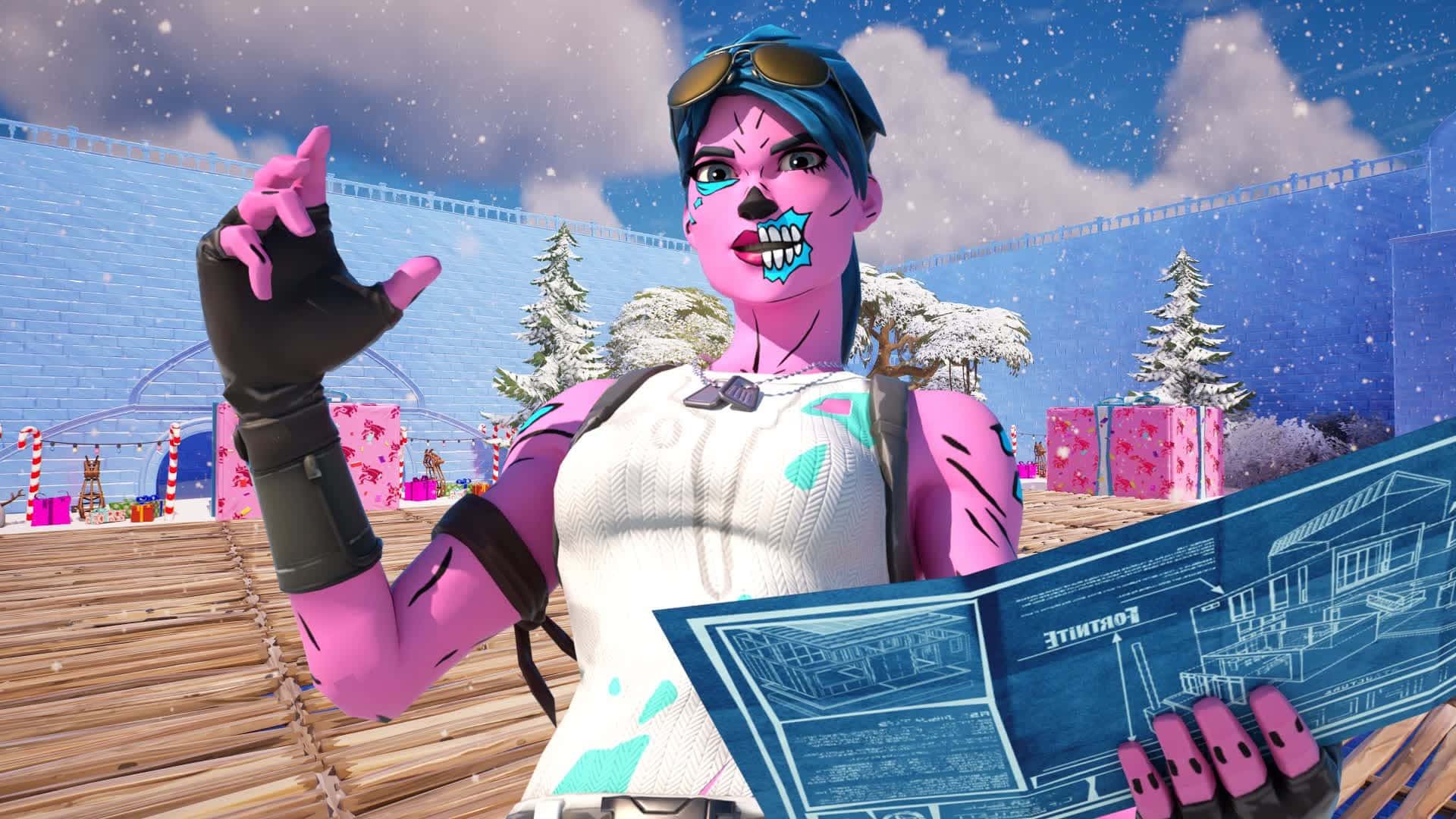  壁紙 — 一個粉紅色皮膚的Fortnite角色，帶有骷髏化妝，在一個充滿節日裝飾的雪地體育館中拿著藍圖。