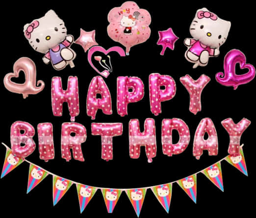Pink Hello Kitty birthday balloons and banner against black background — Hello Kitty 壁紙