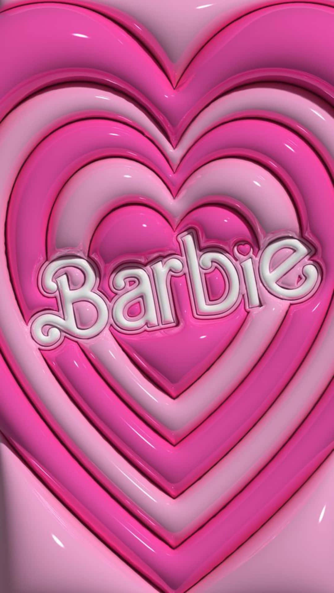  壁紙 — 一個粉紅色光澤的心形標誌，上面有草書的「Barbie」字樣，周圍環繞著不同深淺粉紅色的同心心形。