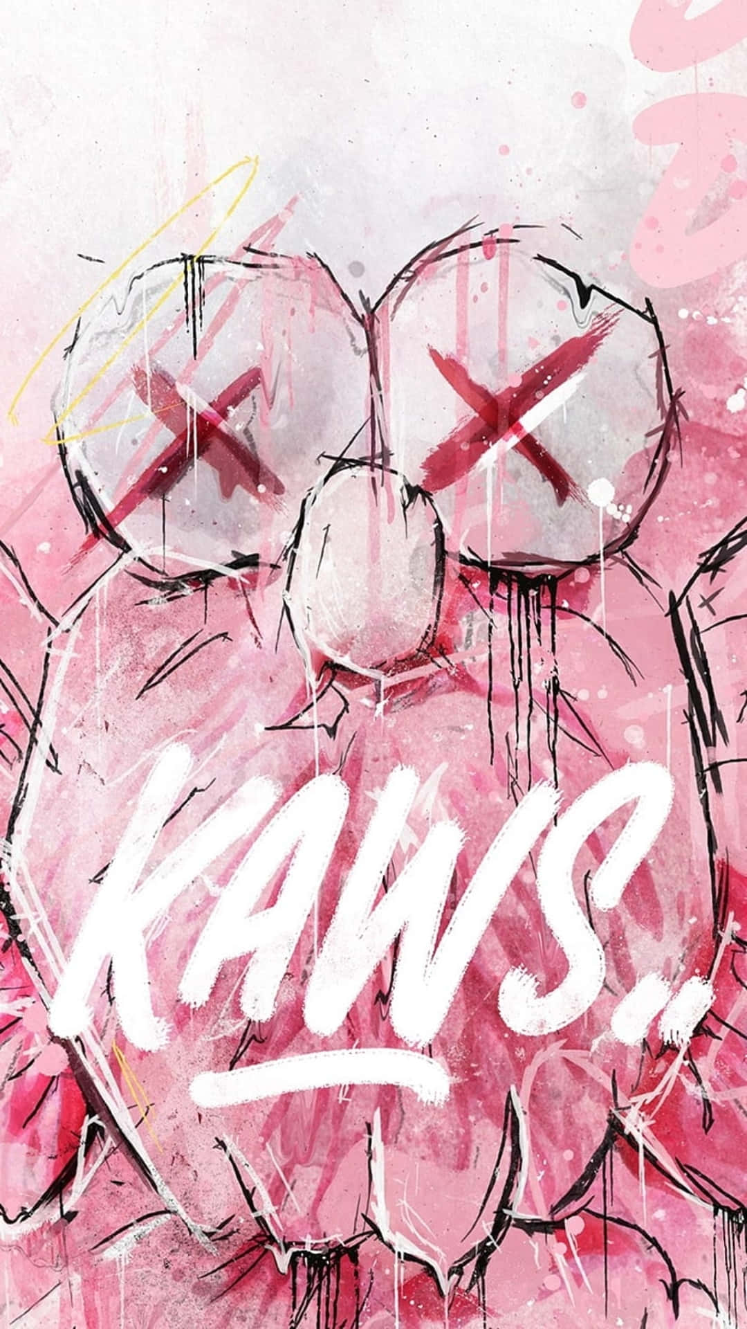  壁紙 — 一幅粉紅色塗鴉風格的KAWS角色藝術作品，帶有X形眼睛和粗體白色簽名。