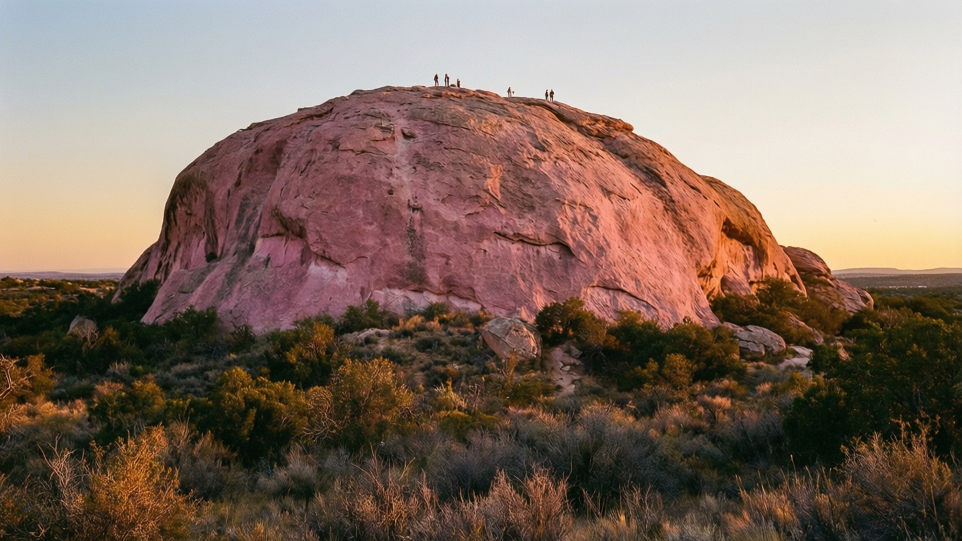 Enchanted Rock at Golden Hour 壁紙 — 巨大的粉紅色花崗岩巨石沐浴在金色的日落光芒中，頂部有微小的人影俯瞰沙漠景觀。