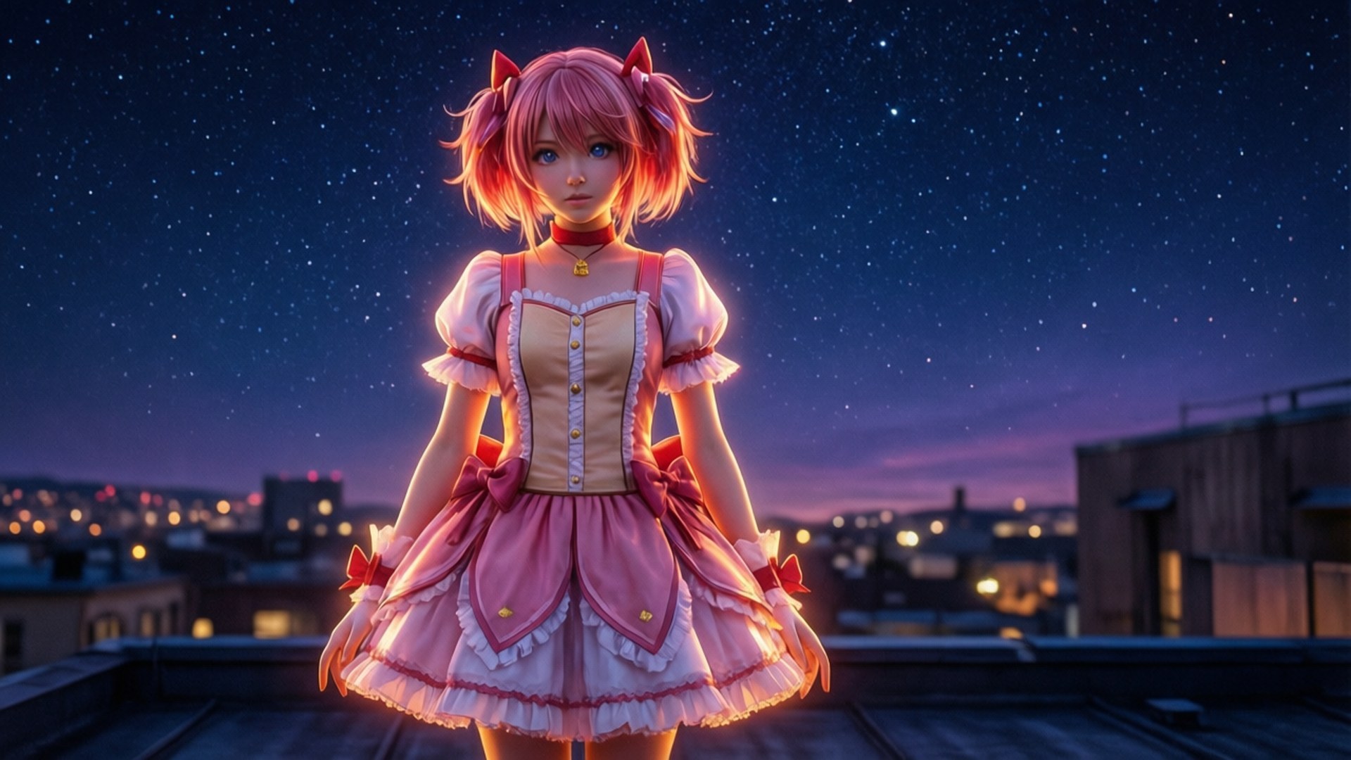 Starry Night Madoka 壁紙 — 一位粉紅色頭髮的動漫女孩穿著荷葉邊連衣裙，站在星空暮色下的屋頂上，下方是城市燈光。