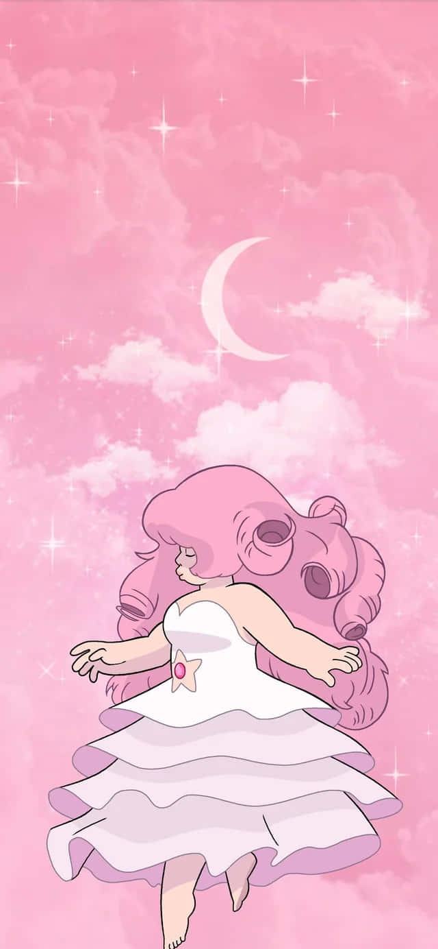  壁紙 — 一位粉紅色頭髮的動漫女孩穿著白色連衣裙，在彎月和閃爍的粉紅色天空下平靜地漂浮。