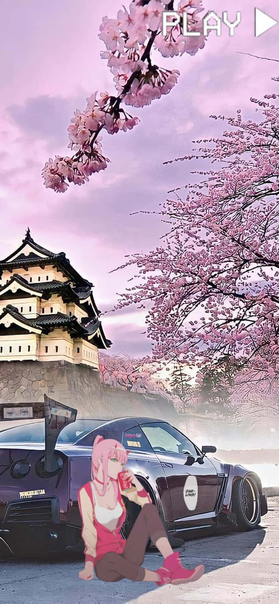  壁紙 — 一位粉紅色頭髮的動漫女孩坐在黑色跑車旁邊，在盛開的櫻花下，靠近傳統的日本城堡。
