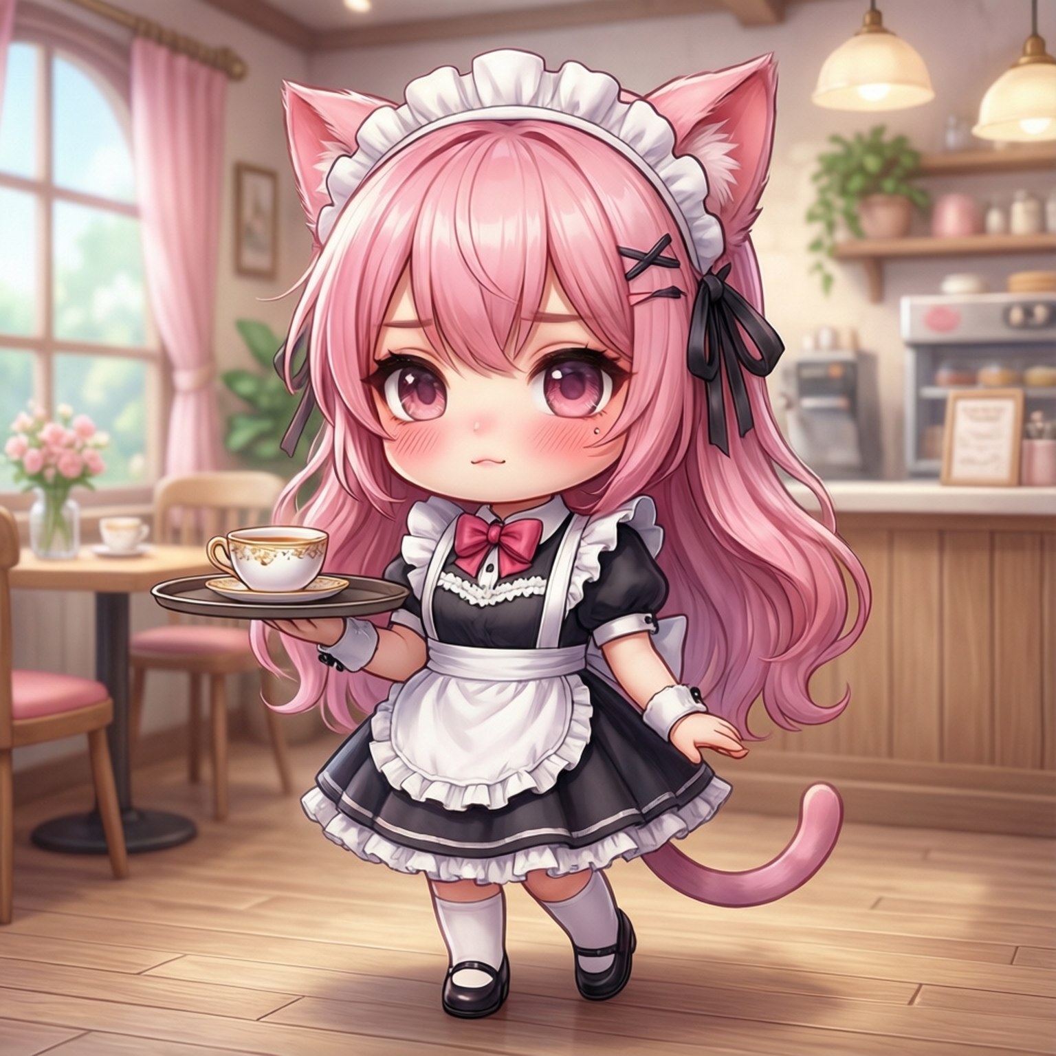 Maid Café Cutie 壁紙 — 一位粉紅色頭髮的貓耳女僕，戴著蝴蝶結，在一個有木地板和柔和燈光的舒適咖啡館裡拿著茶托盤。