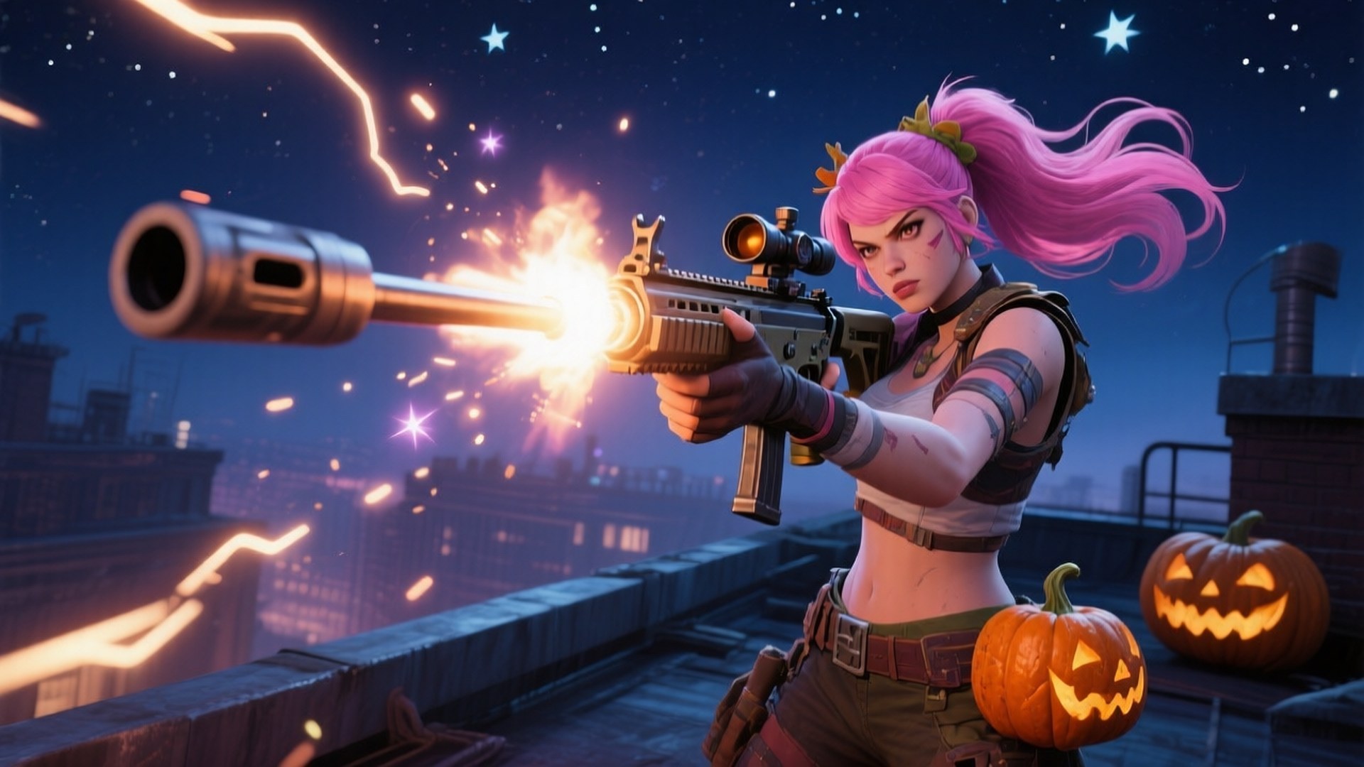 Mine's Deadly Aim 壁紙 — 一位粉紅色頭髮的戰士在夜間從屋頂發射發光的步槍，附近有南瓜燈籠。