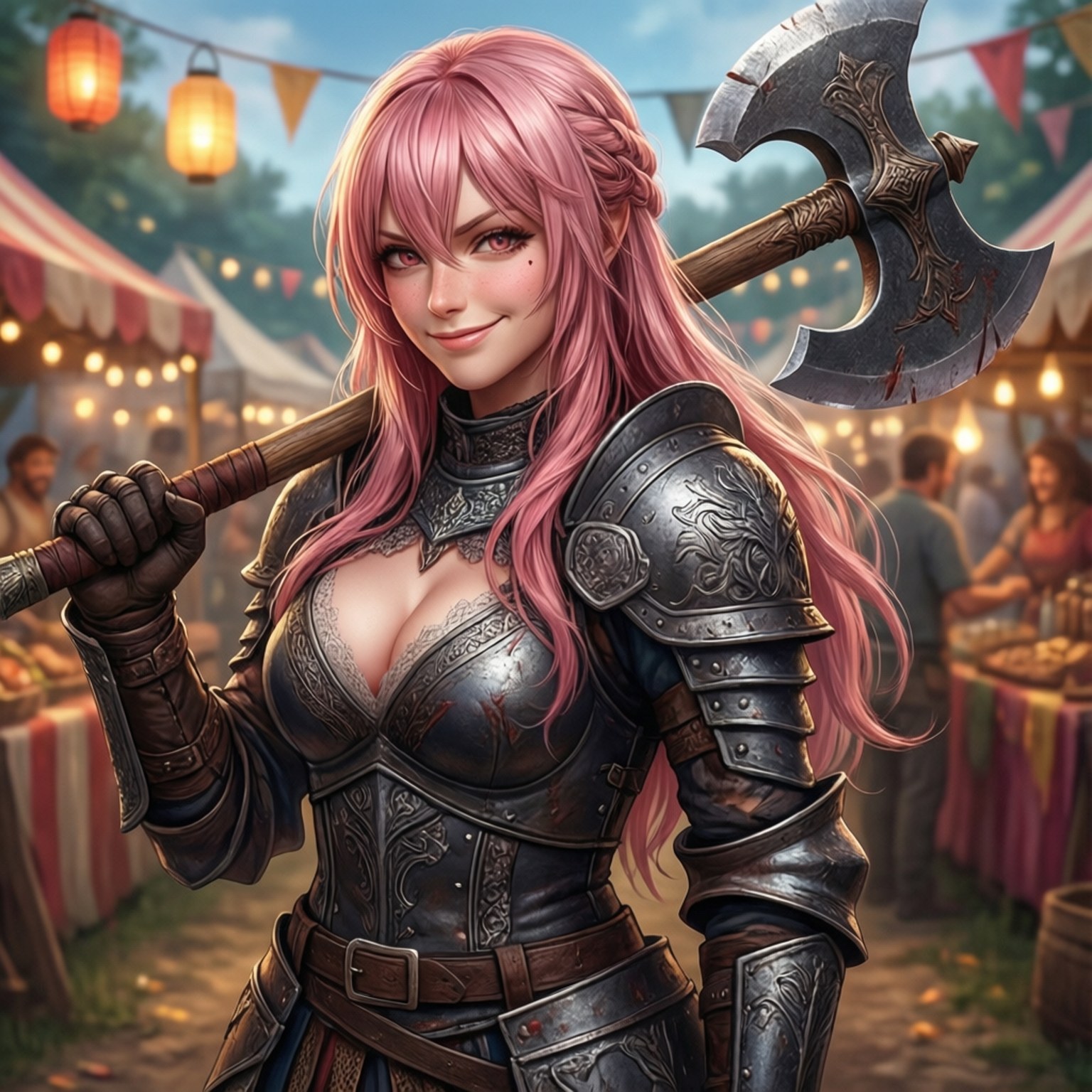 Festival Warrior 壁紙 — 一位粉紅色頭髮的戰士穿著華麗的深色盔甲，微笑著手持戰斧，在一個有燈籠和帳篷的熱鬧戶外節日中。