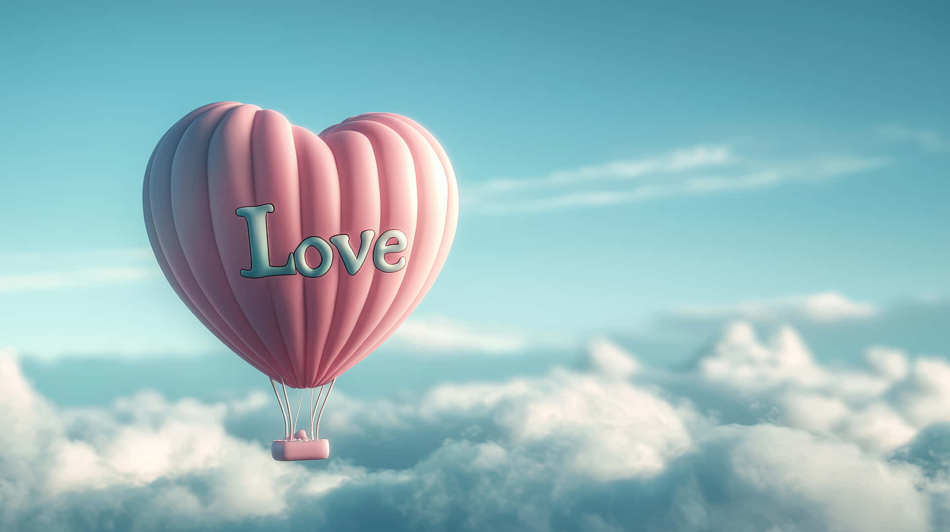 粉紅色心形氣球帶有love字樣，漂浮在藍天白雲之上 — Pastel 壁紙