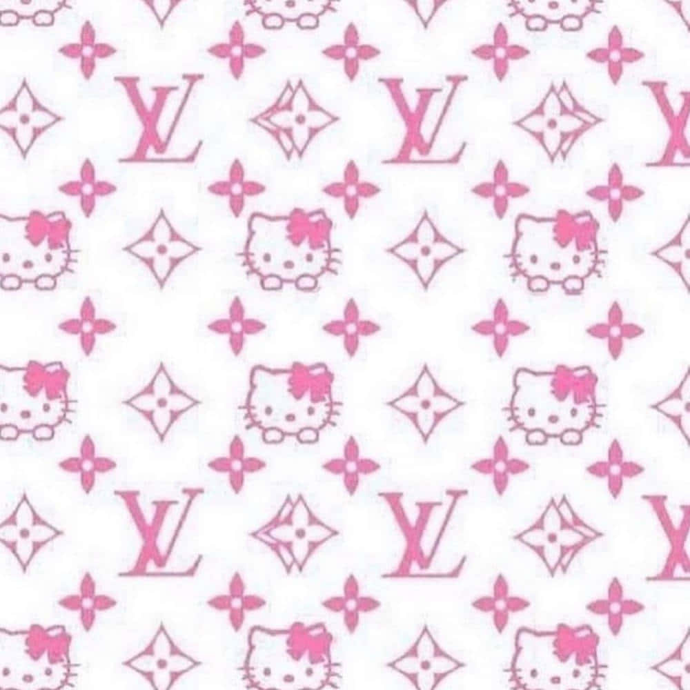  壁紙 — 粉紅色Hello Kitty和LV字母圖案在白色背景上以極簡線條藝術風格重複。