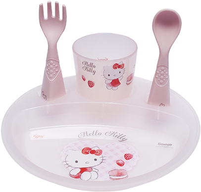 粉紅色Hello Kitty嬰兒餵食套裝，附有盤子、杯子、叉子和湯匙。 — Hello Kitty 壁紙