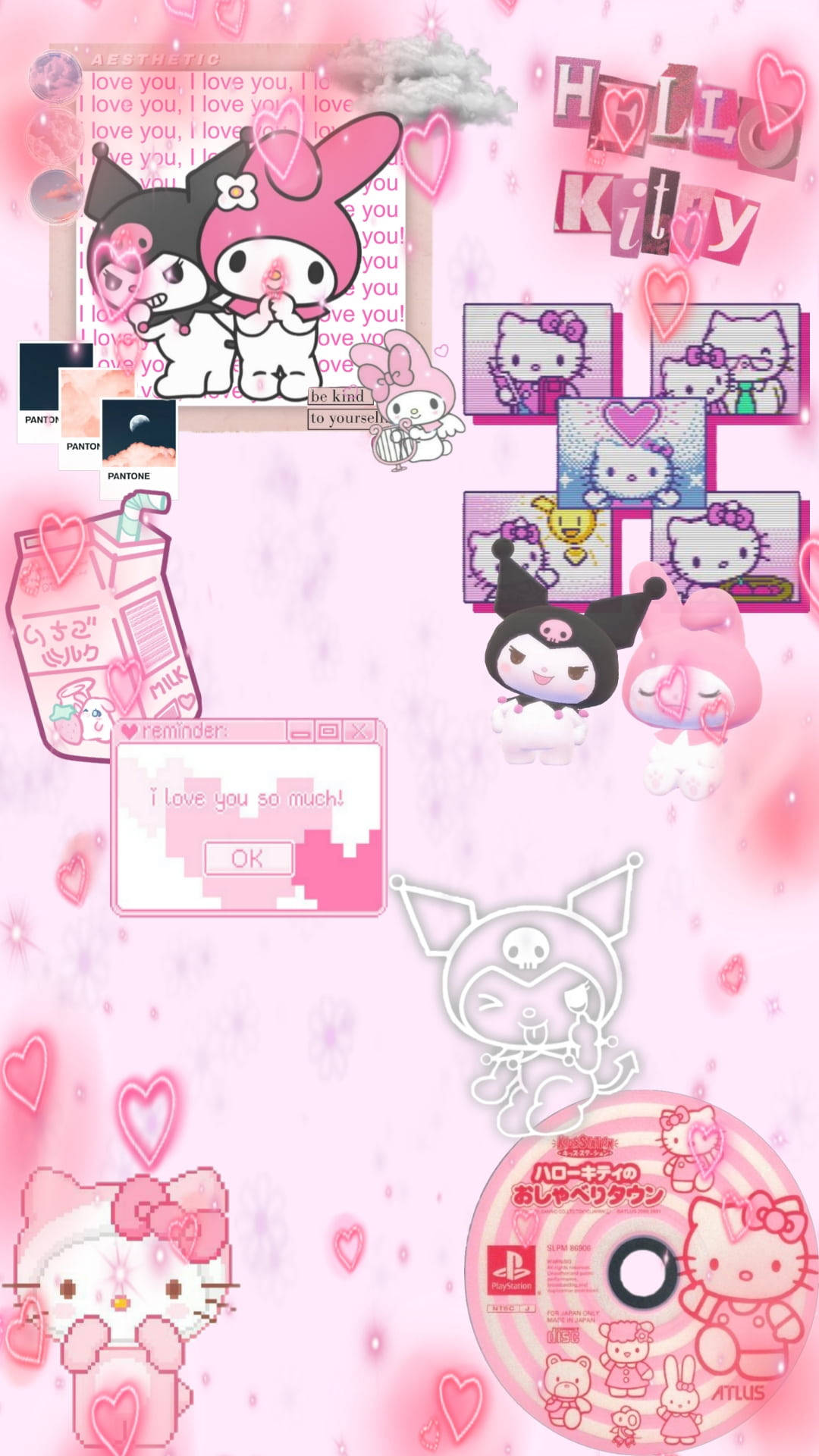 粉紅色 Hello Kitty 桌布，帶有愛心和遊戲元素。 — Sanrio 壁紙