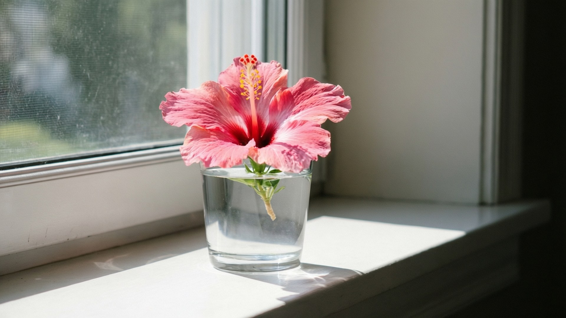 Hibiscus in Glass 壁紙 — 一朵粉紅色的芙蓉花放在透明玻璃花瓶裡，置於陽光普照的窗台上，投下柔和的陰影。
