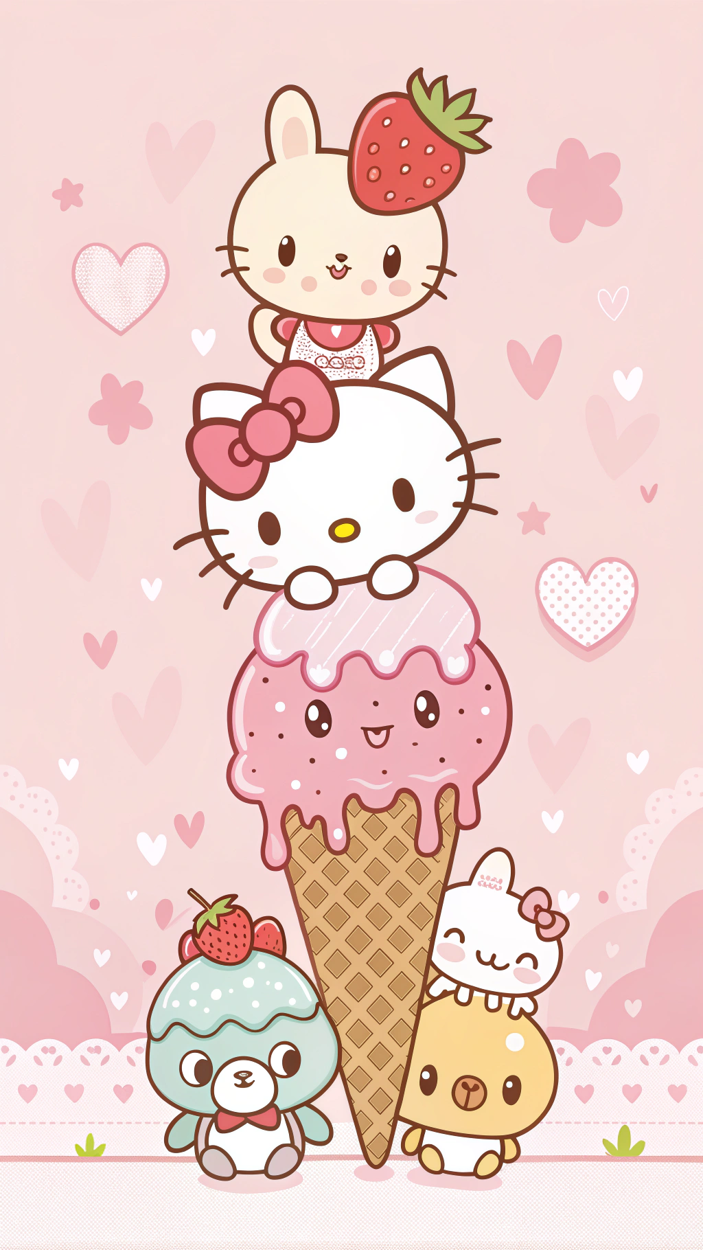 Hello Kitty和朋友們在粉紅色冰淇淋甜筒上，有心形和花朵 — Pastel 壁紙