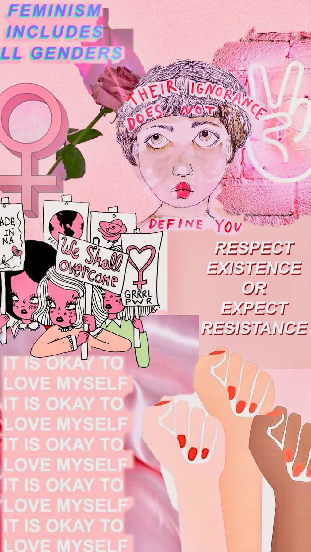  壁紙 — 粉紅色插圖女權抗議拼貼畫，帶有高舉的拳頭、標語和口號，提倡自愛和性別平等。