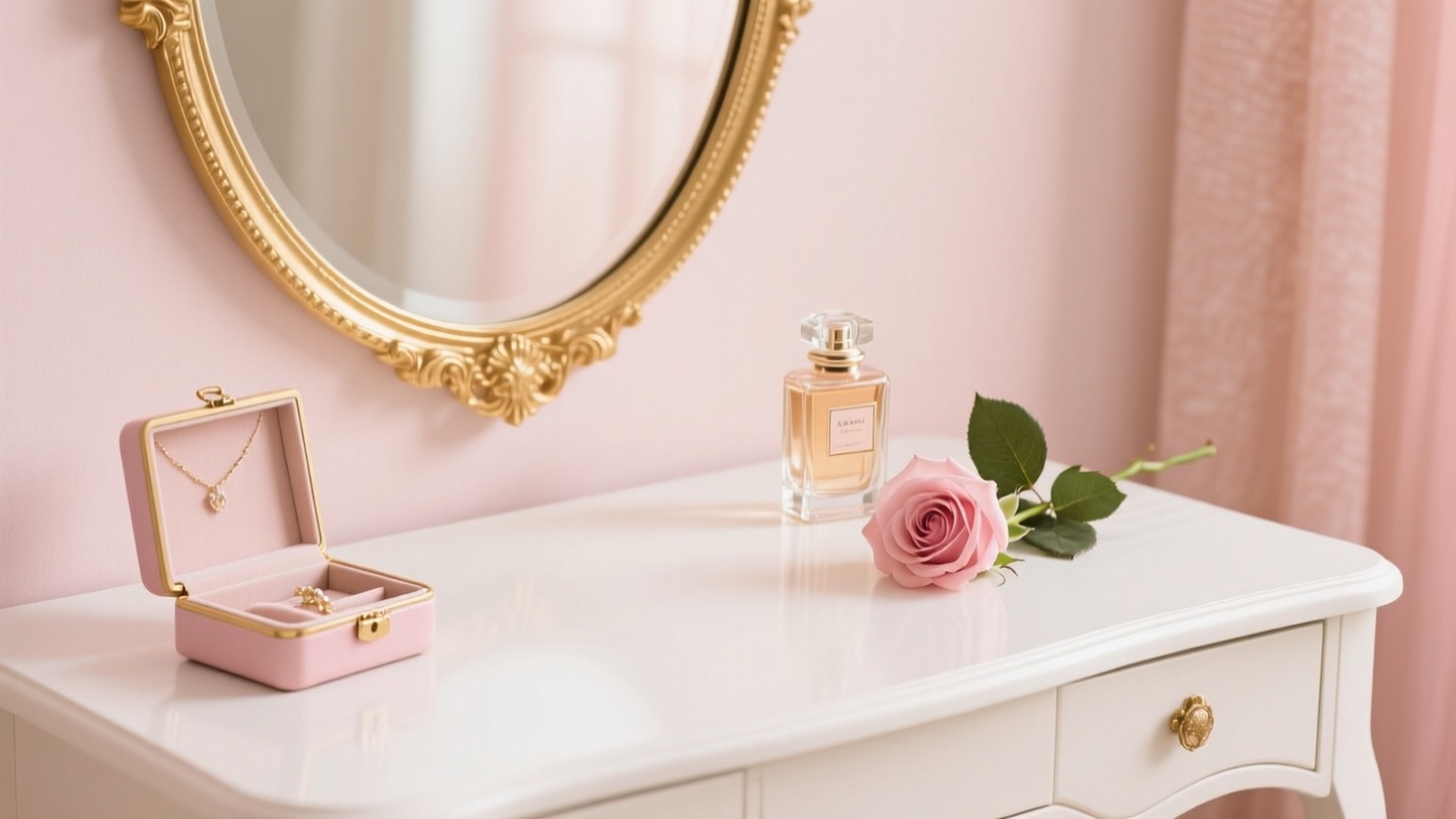Elegant Vanity Desk 壁紙 — 一個粉紅色首飾盒內有項鍊和耳環，旁邊放著香水瓶和玫瑰，放在白色梳妝台上，上方是金色邊框鏡子。