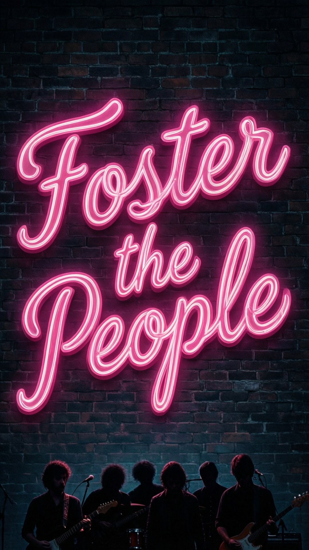 Neon Sign Band Name 壁紙 — 一個鮮豔的粉紅色霓虹燈牌，上面寫著 Foster the People，在深色磚牆上發光，上方是剪影音樂家。