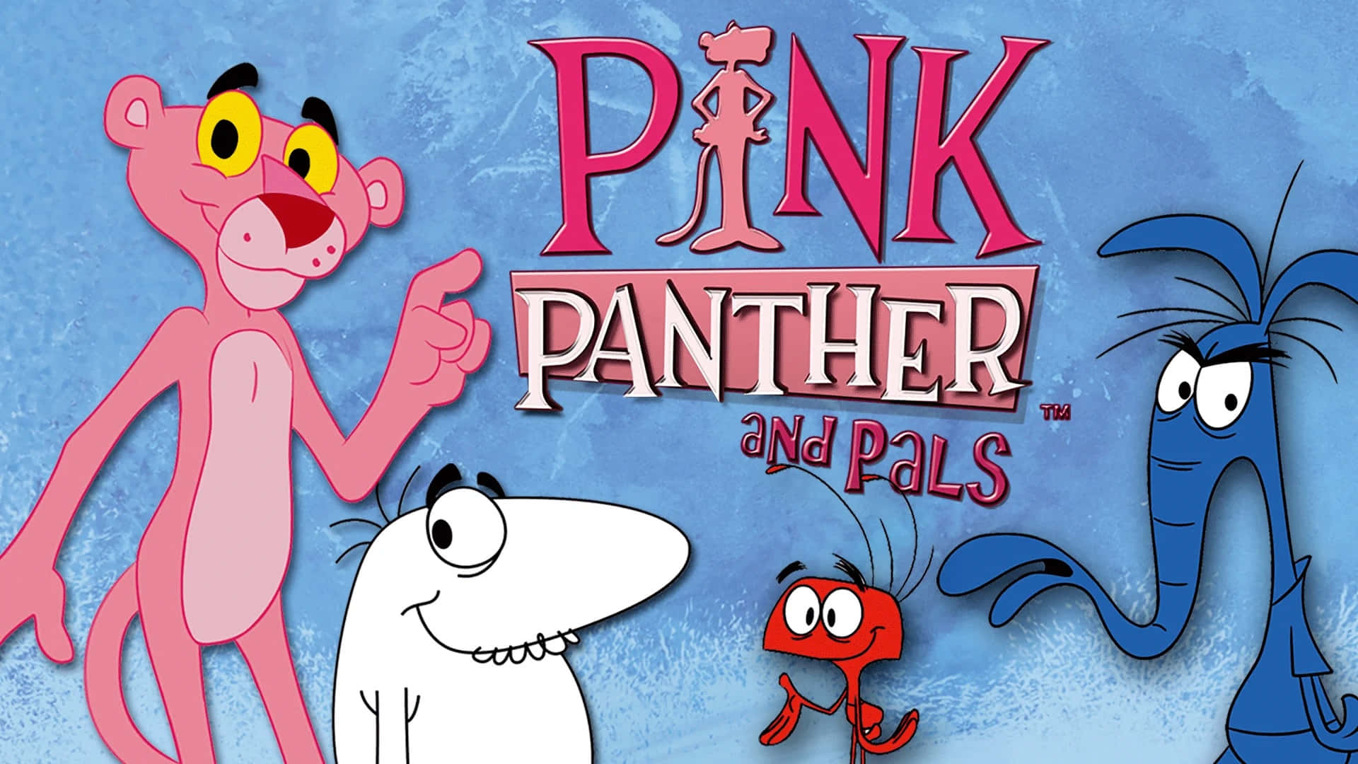 Pink Panther 桌布 壁紙 — Pink Panther 和朋友卡通角色在帶有紋理的藍色背景上微笑，帶有粗體粉紅色標題。