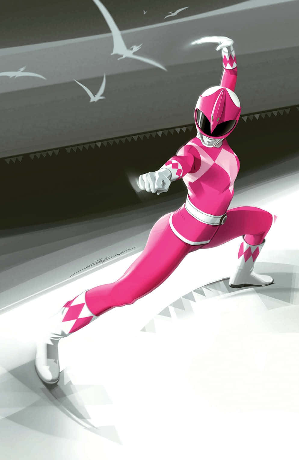  壁紙 — 粉紅色Power Ranger以動態姿勢手持發光劍，背景為鮮明的單色調及飛鳥。