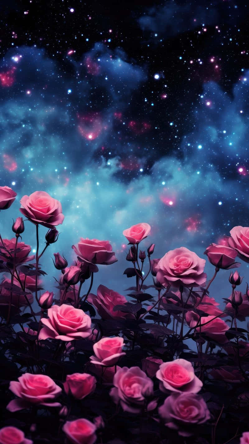  壁紙 — 粉紅玫瑰在充滿星星和發光星雲的充滿活力的宇宙天空下盛開。