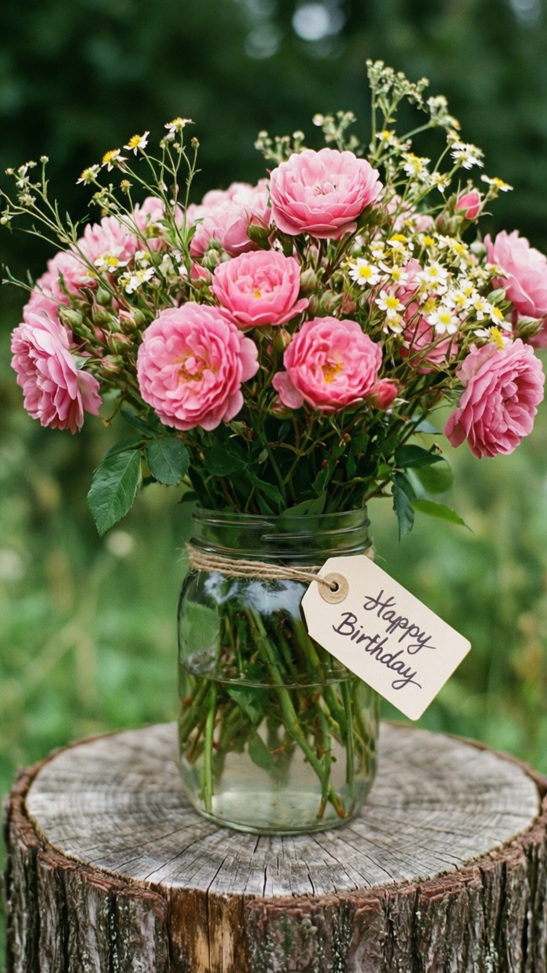 Pink Rustic Roses 壁紙 — 一個玻璃梅森罐裝滿粉紅玫瑰和小白花，放在一個風化的樹樁上，附有手寫生日標籤。