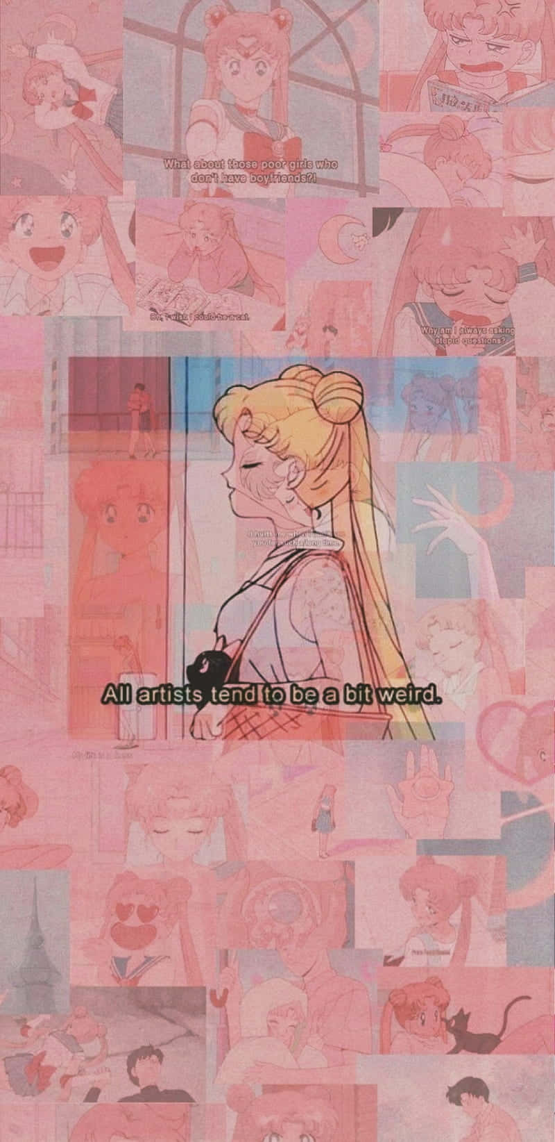 壁紙 — 粉紅色調的動漫風格美少女戰士面板拼貼，帶有文字疊加和中央輪廓插圖。