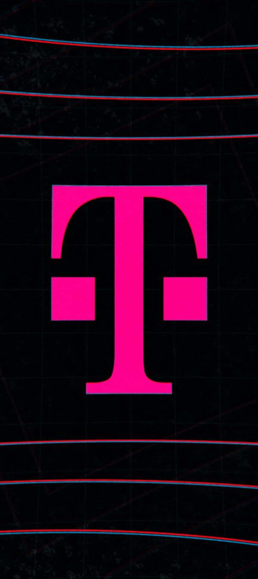  壁紙 — 一個大膽的粉紅色 T-Mobile 標誌在帶有紅色和藍色立體線條的暗色網格上發光，營造出未來數位效果。