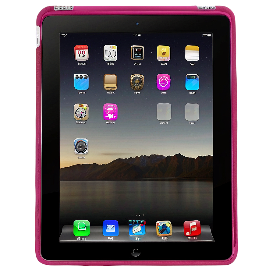 粉紅色平板電腦在日落時顯示山湖壁紙。 — iPad 壁紙