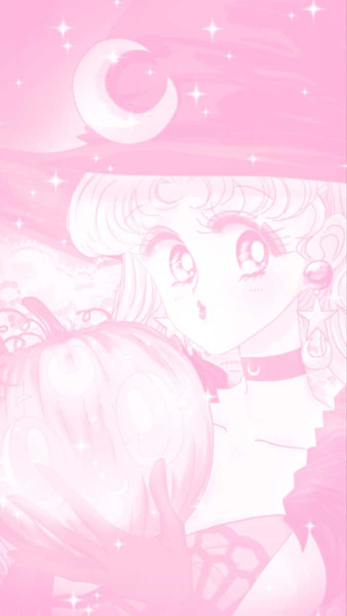  壁紙 — 一位粉紅色調的動漫女巫戴著新月帽，在星空下拿著一個發光的南瓜。