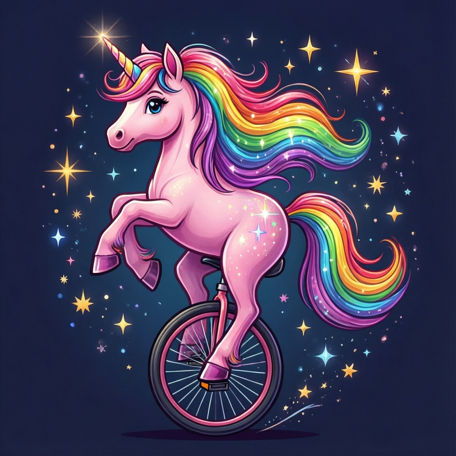 Pink Unicorn Unicycle 壁紙 — 一隻粉紅色獨角獸，擁有彩虹鬃毛和尾巴，在星空下騎著獨輪車。