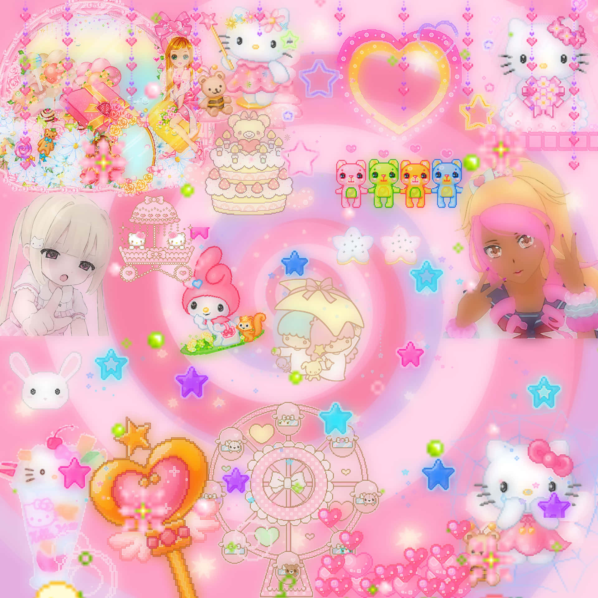  壁紙 — 充滿活力的粉紅色桌布拼貼， featuring Hello Kitty My Melody 和動漫女孩，周圍環繞著心形、星星和糖果主題裝飾。