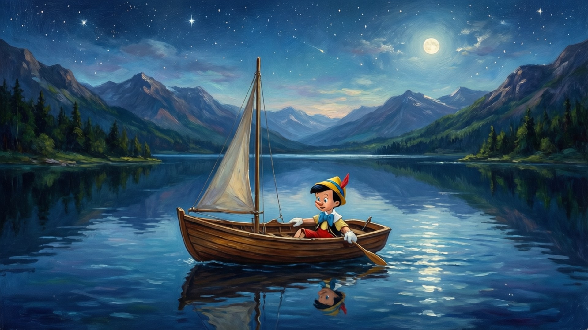 Sailing under Stars 壁紙 — 小木偶皮諾丘在明亮的月亮下，在繁星點點的湖上航行一艘木船，周圍是高聳的山脈。