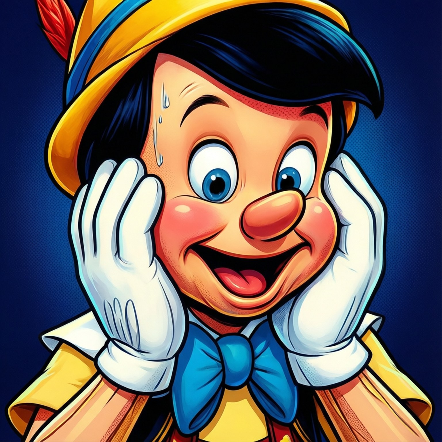 Shocked Pinocchio 壁紙 — 小木偶皮諾丘睜著藍色大眼睛，露出喜悅的笑容，雙手捧著臉頰，汗水順著臉頰流下，背景是深藍色。