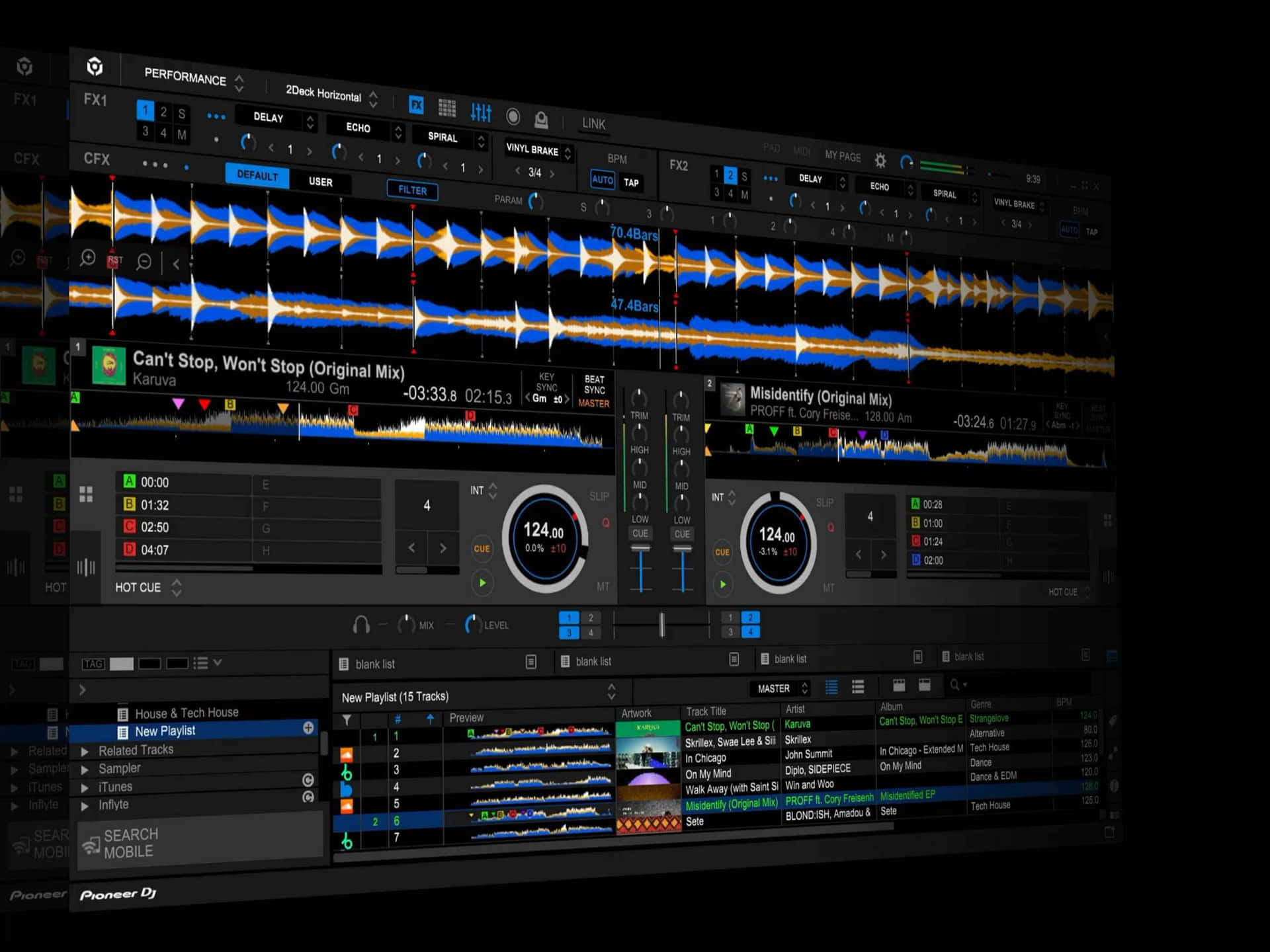 DJ 桌布 壁紙 — Pioneer DJ 軟體介面特寫，在深色背景上呈現發光的藍色和橙色波形及曲目詳細資訊。