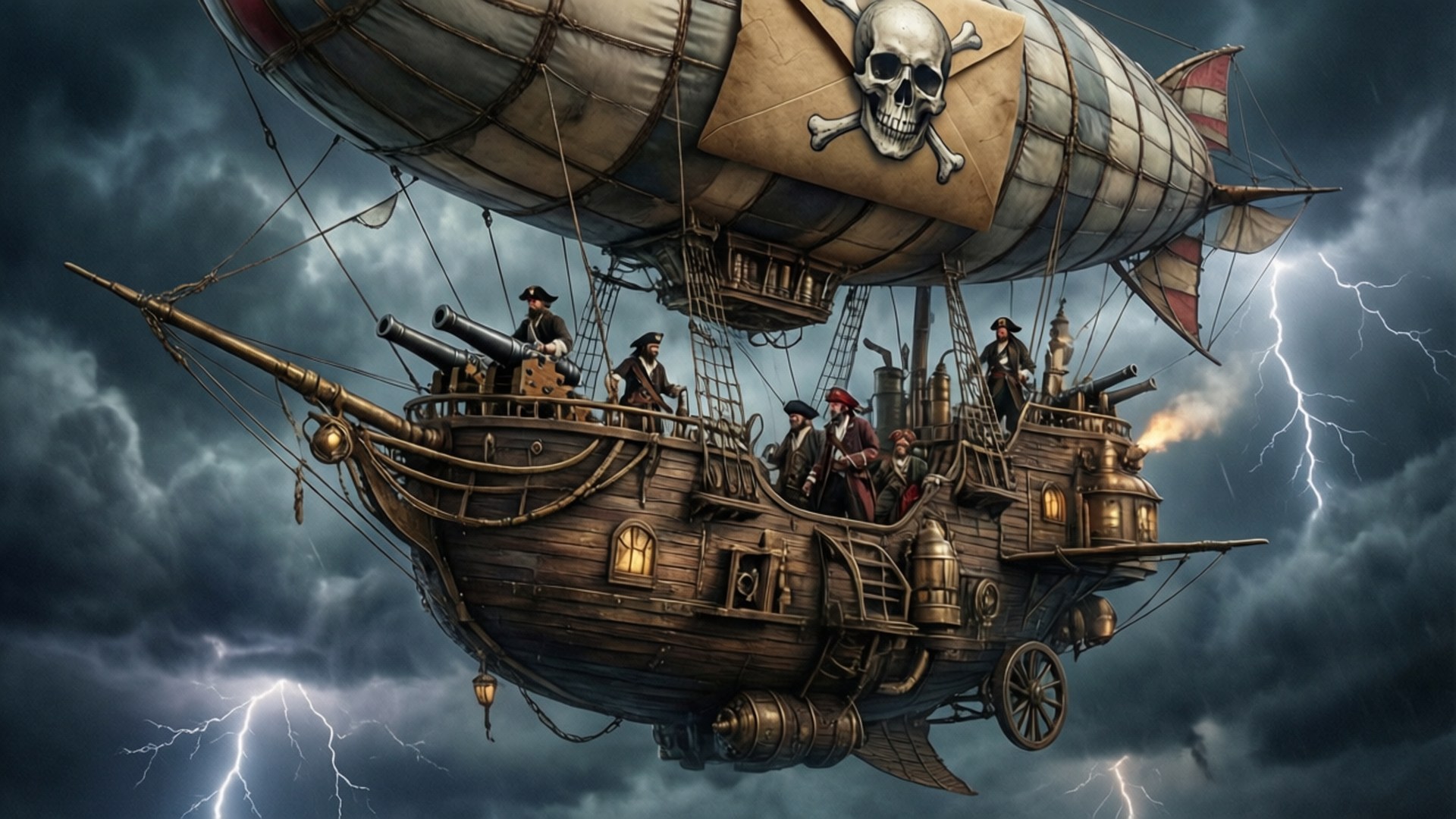 Sky Pirate Ship 壁紙 — 一艘帶有骷髏旗的海盜飛船在閃電照亮的暴風雨中航行。