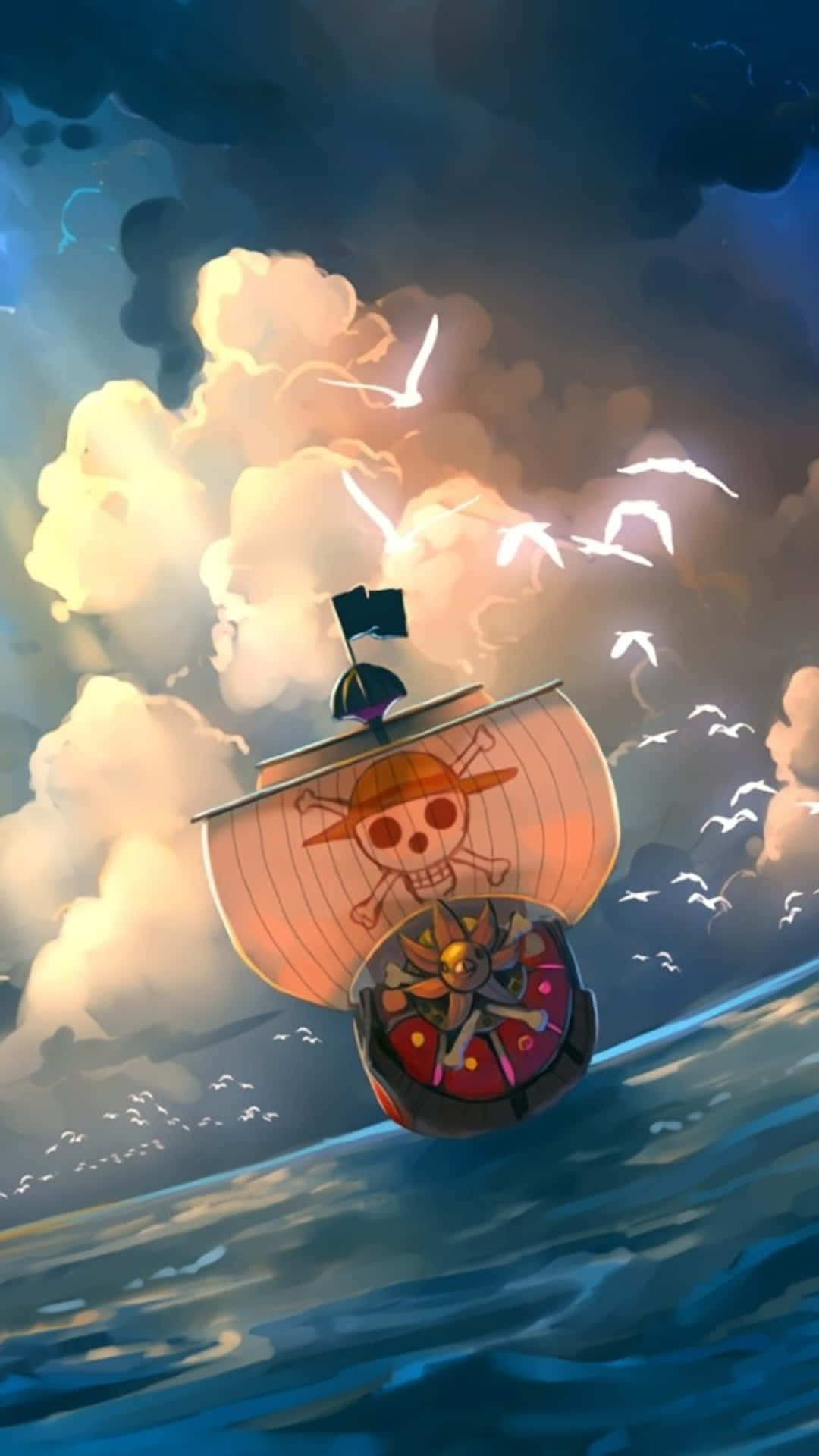  壁紙 — 一艘掛著骷髏旗的海盜船在閃電和海鷗的戲劇性天空下航行於波濤洶湧的大海。