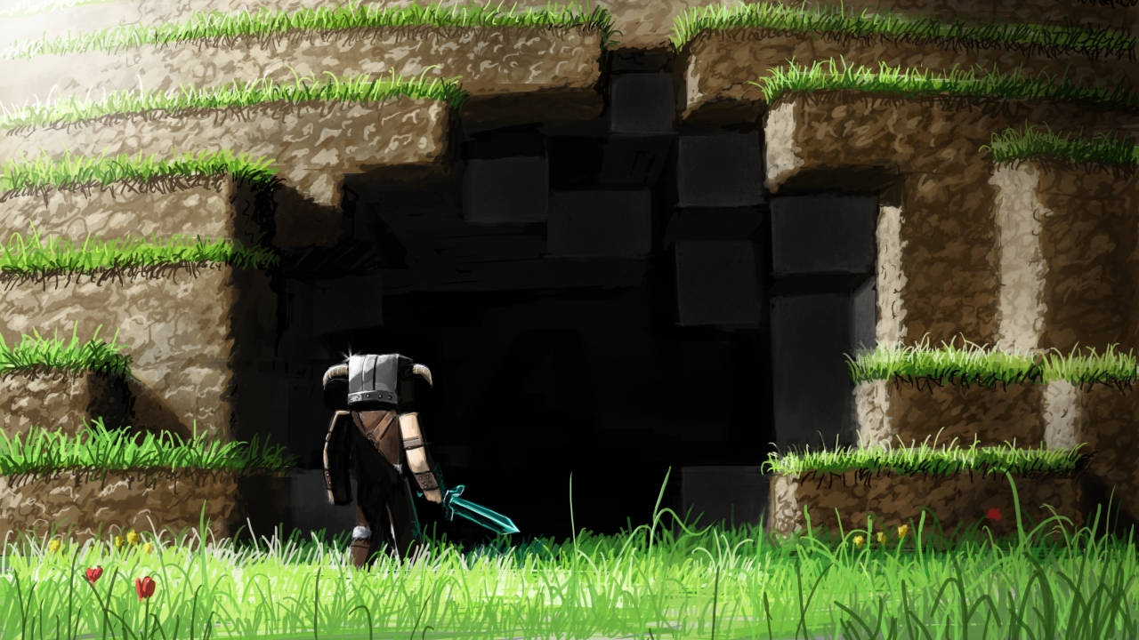 像素藝術冒險家在草地地形洞穴入口手持發光劍。 — 1280x720 Minecraft 壁紙 壁紙