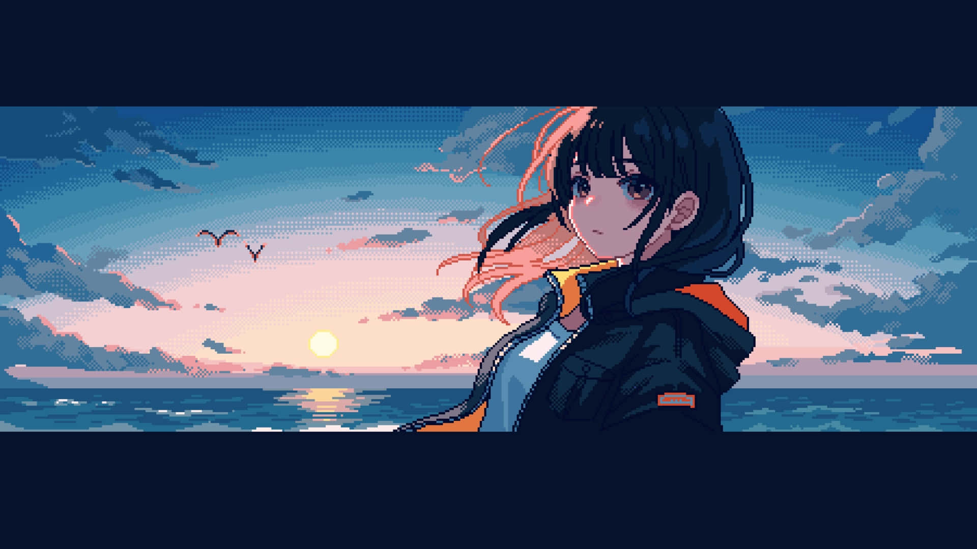  壁紙 — 一位像素藝術風格的動畫女孩，黑髮，在日落時分站在海邊，鳥兒在頭頂飛翔。
