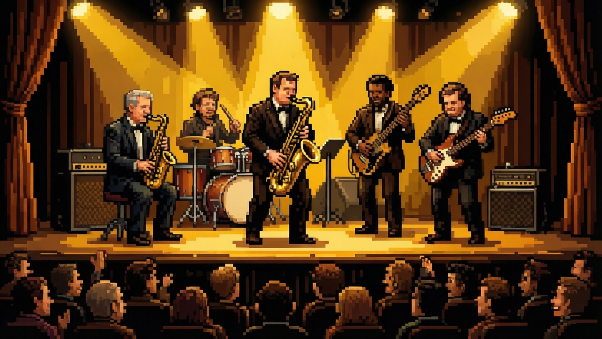 Pixel Jazz Band 壁紙 — 一個像素藝術樂隊在溫暖照明的舞台上表演，金色聚光燈照耀，觀眾從下方觀看。
