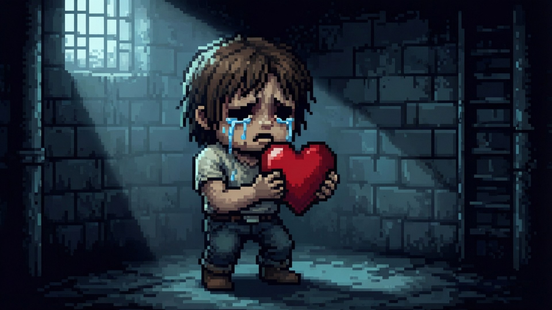The Binding Of Isaac 桌布 壁紙 — 一個像素藝術的孩子在昏暗的石牢中，抓著一顆紅心哭泣，牢房有鐵欄杆和一束光。