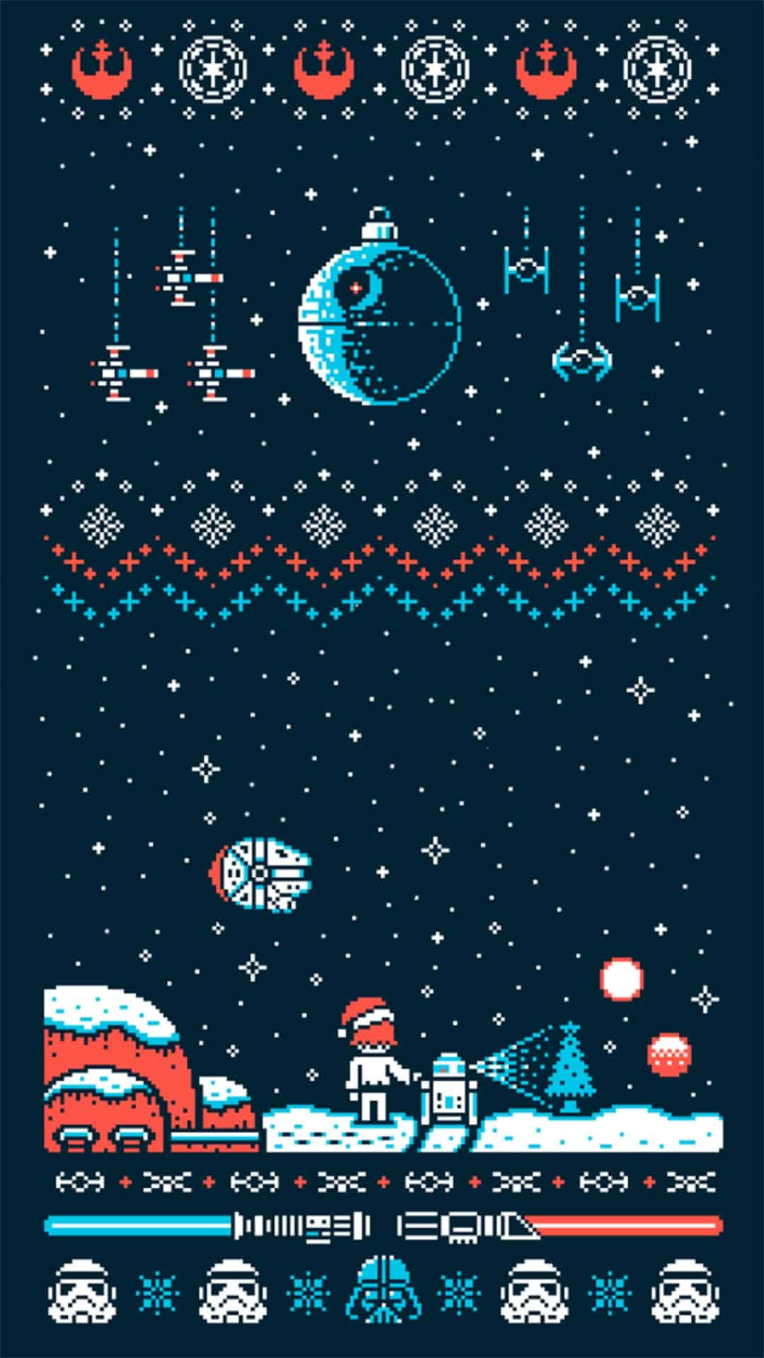  壁紙 — 以星空夜空為背景，包含死星、光劍、雪人和暴風兵的像素藝術聖誕毛衣圖案。