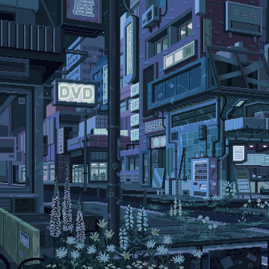 像素化的夜間城市場景，帶有發光的標誌和從路面長出的野花。 — 8位元日本 壁紙