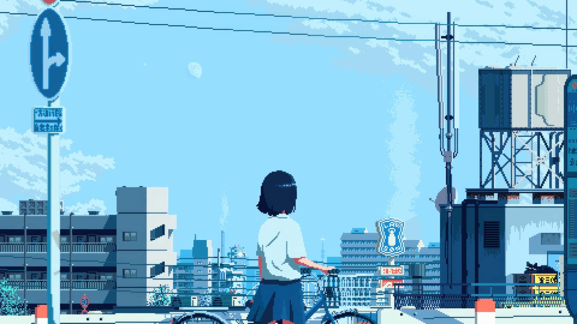  壁紙 — 一個穿著校服的像素藝術女孩騎著腳踏車穿過一條明亮的藍色城市街道，街道上有建築物和標誌。