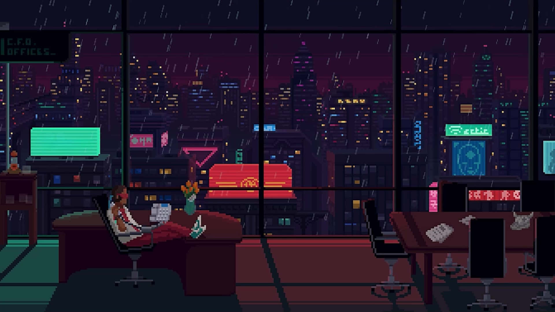  壁紙 — 像素藝術辦公室員工在椅子上放鬆，俯瞰雨夜霓虹城市景觀。