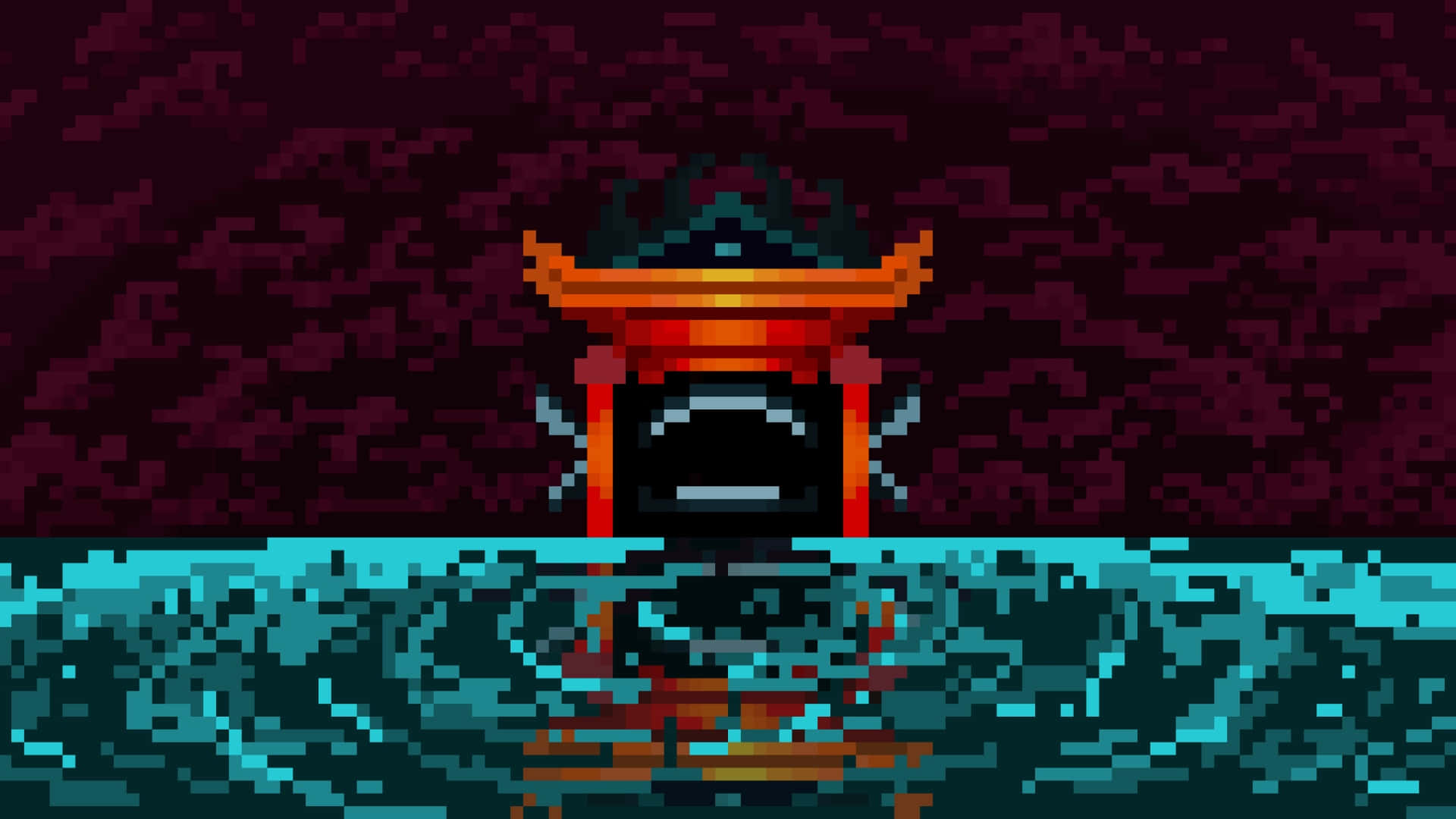  壁紙 — 一座像素藝術寶塔矗立在青綠色水中，背景是深栗色天空，其倒影在下方蕩漾。