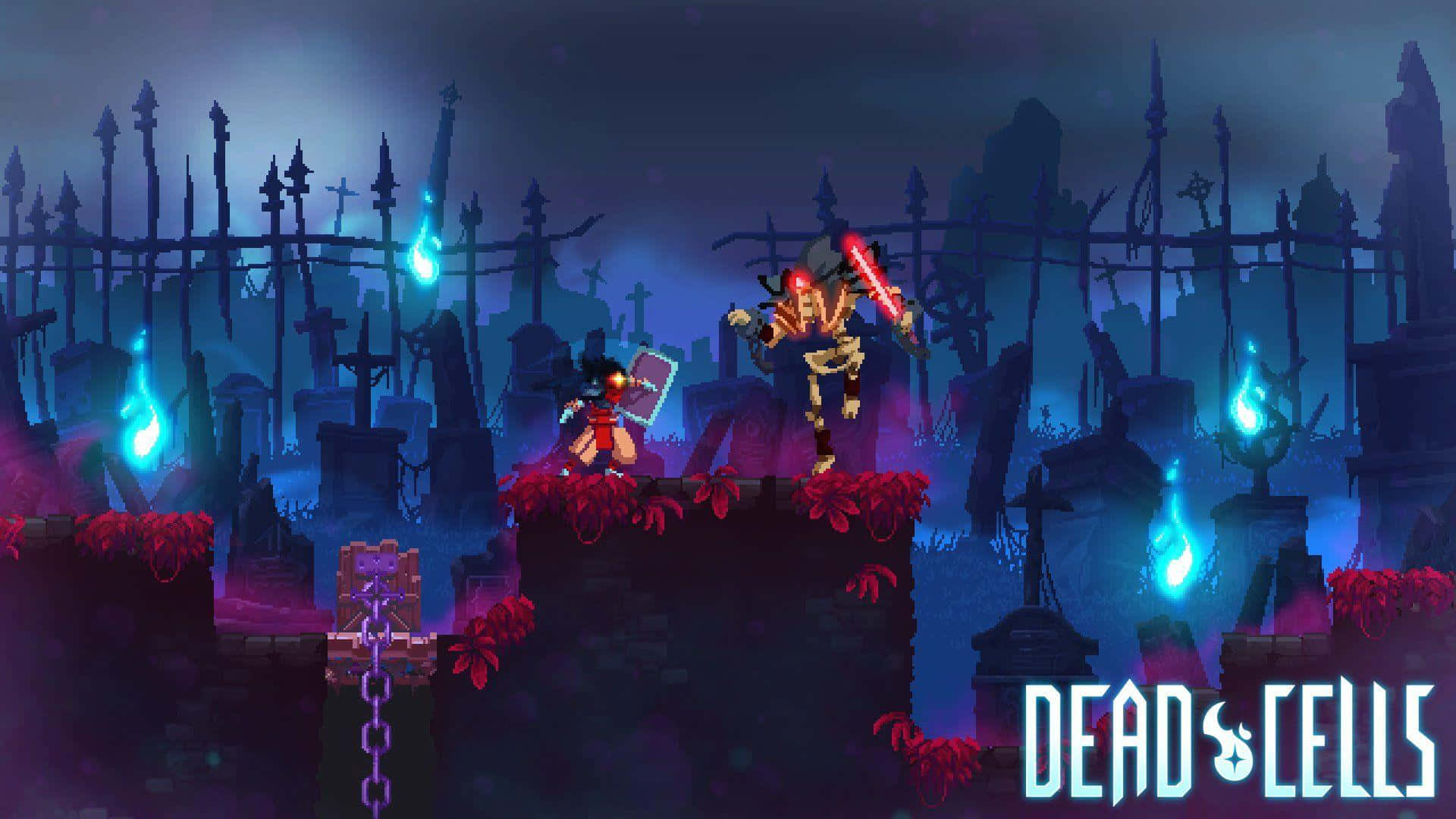  壁紙 — 像素藝術戰士在霓虹燈照亮、帶有藍色火焰和紫色植物的墓地中與骷髏敵人戰鬥。