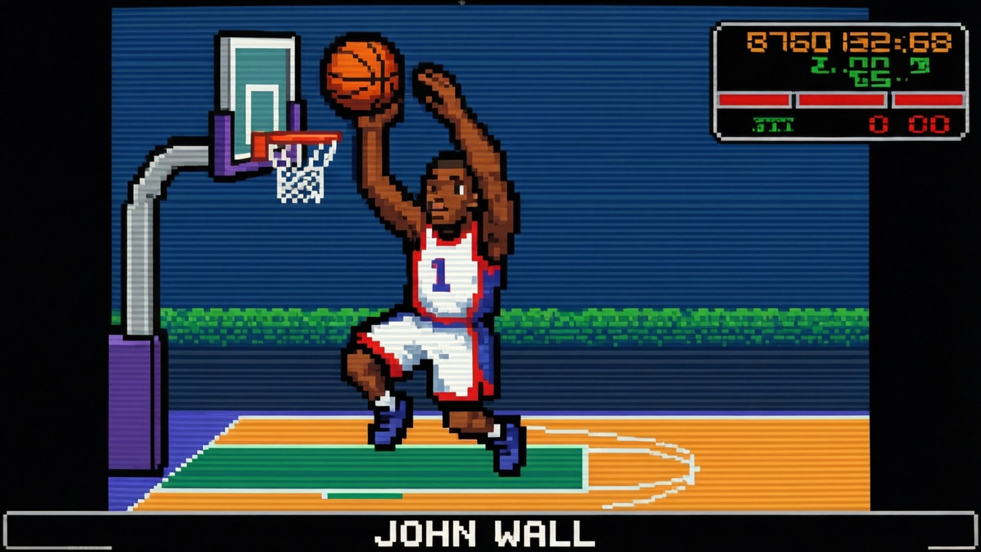 8-Bit Wall 壁紙 — 一個像素化的籃球運動員身穿白色球衣，號碼為一，在復古遊戲球場上將球灌入籃框。