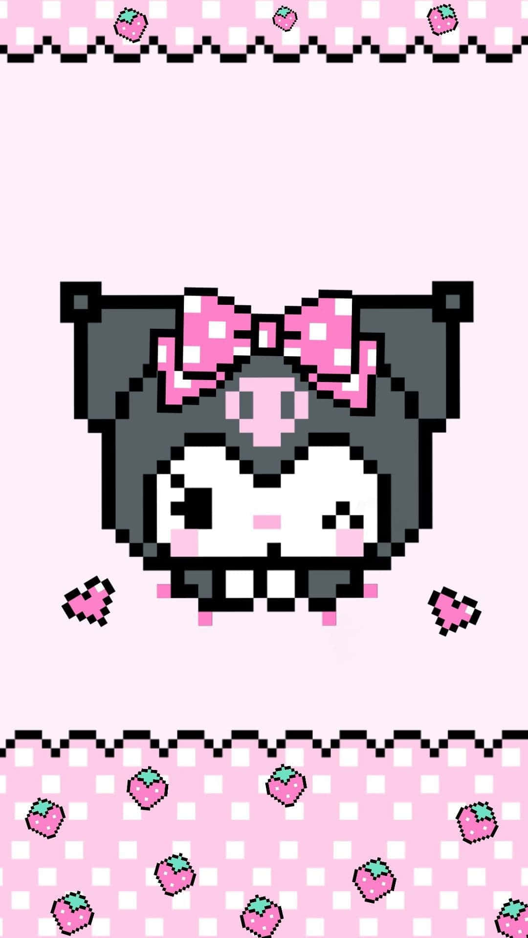 像素風Kuromi，粉紅色蝴蝶結，粉紅色背景，草莓邊框。 — Sanrio 壁紙