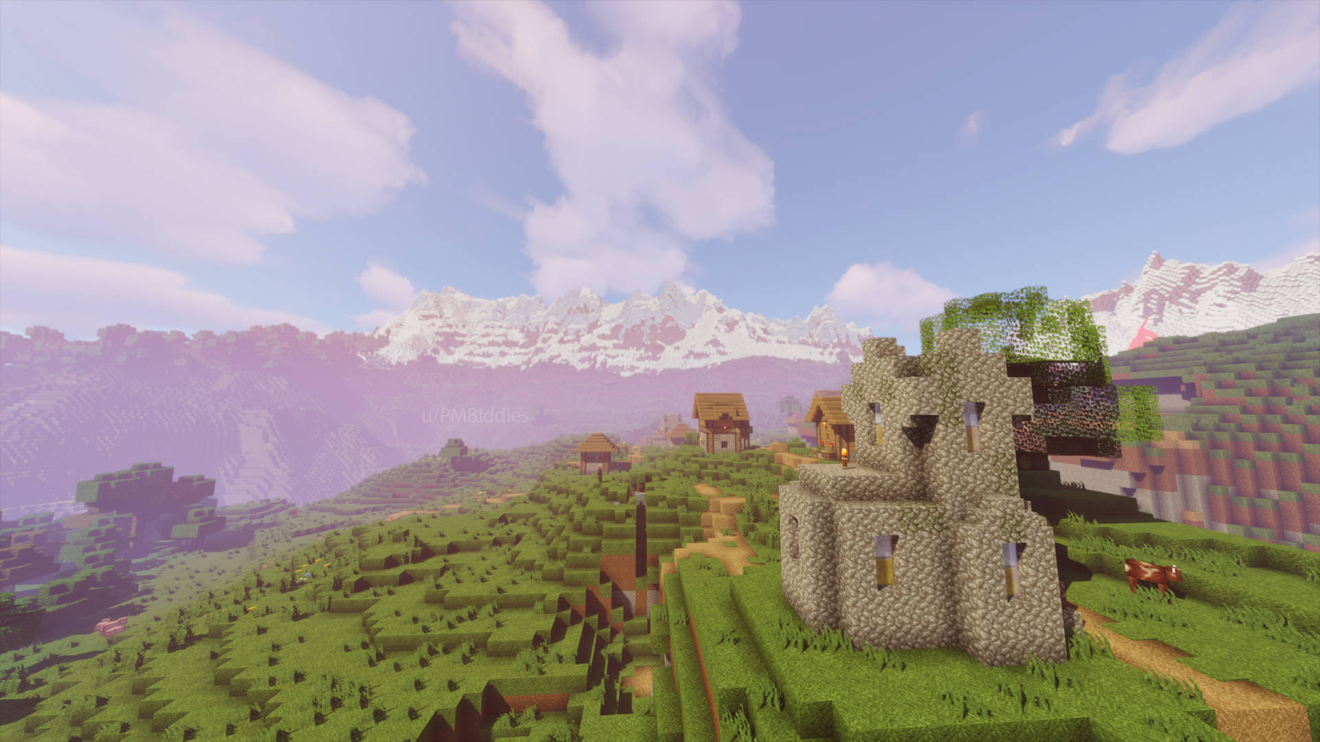 Minecraft村莊，城堡在綠色山丘上，背景有雪山。 — 可愛的 Minecraft 壁紙